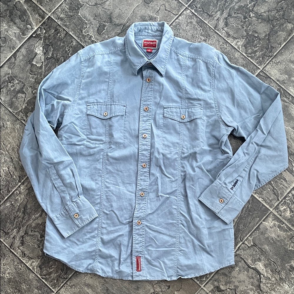 HILFIGER RED LABEL PREMIUM VINTAGE Linen-Blend Men’s Chambray Blue Button Shirt